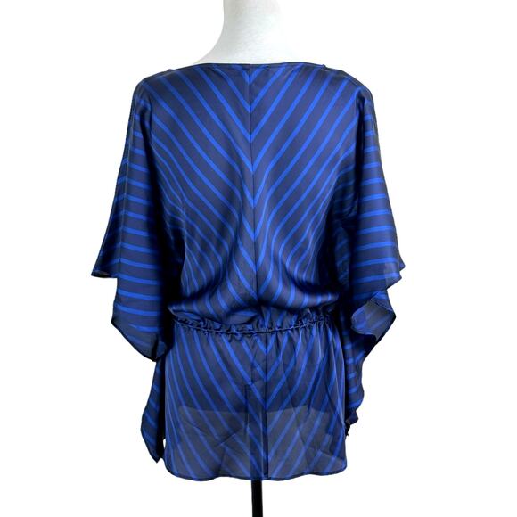 Lauren Ralph Lauren S/M Blue Stripe Kimono Sleeve Drawstring Satin Tunic Blouse - Picture 2 of 9